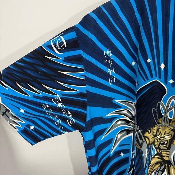 R2 Randy River Y2K Graphic Shirt XL Demon Angel Anime Vibe Button Up Blue NWOT - Picture 5 of 9